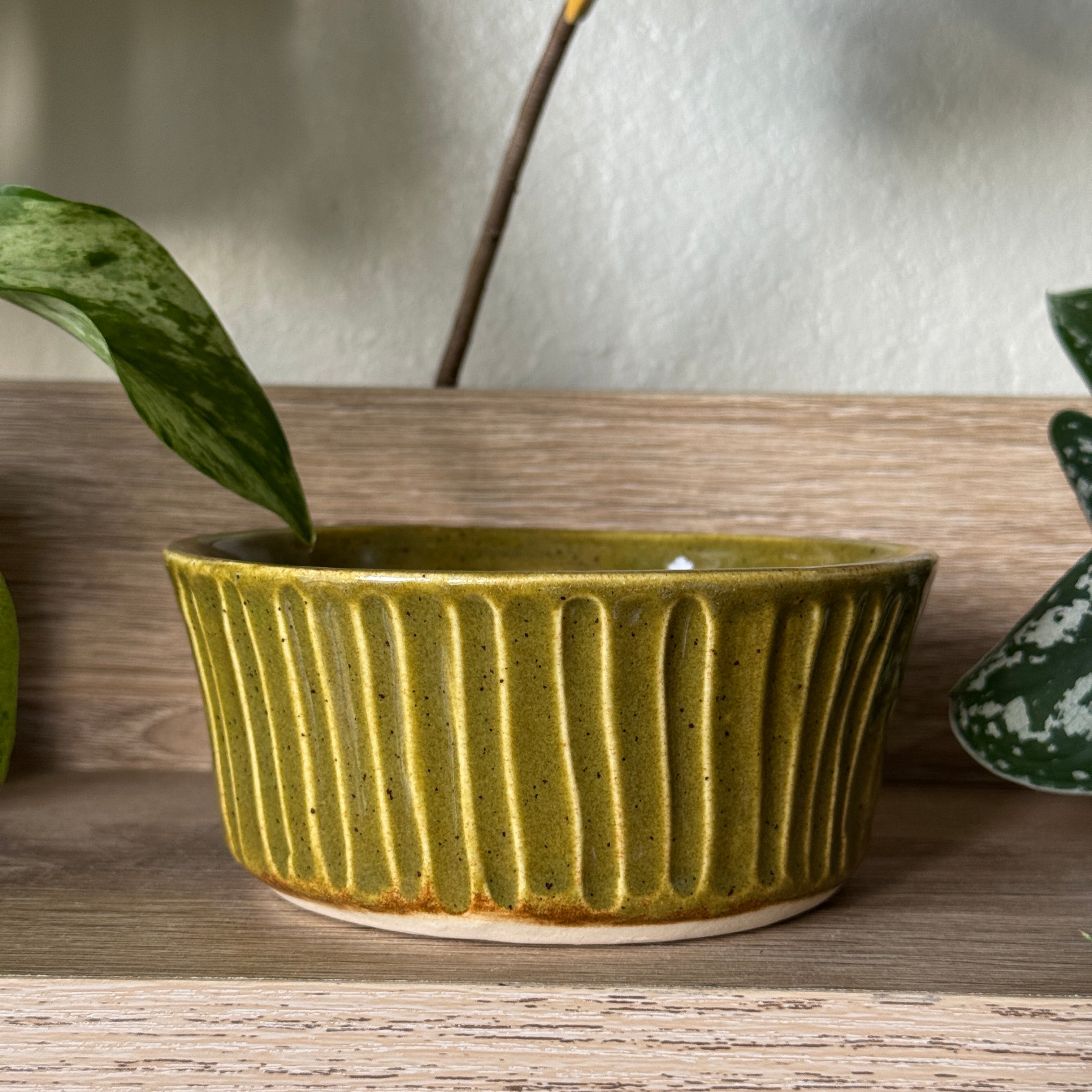 porcelain sgraffito ribbed botanical bowl